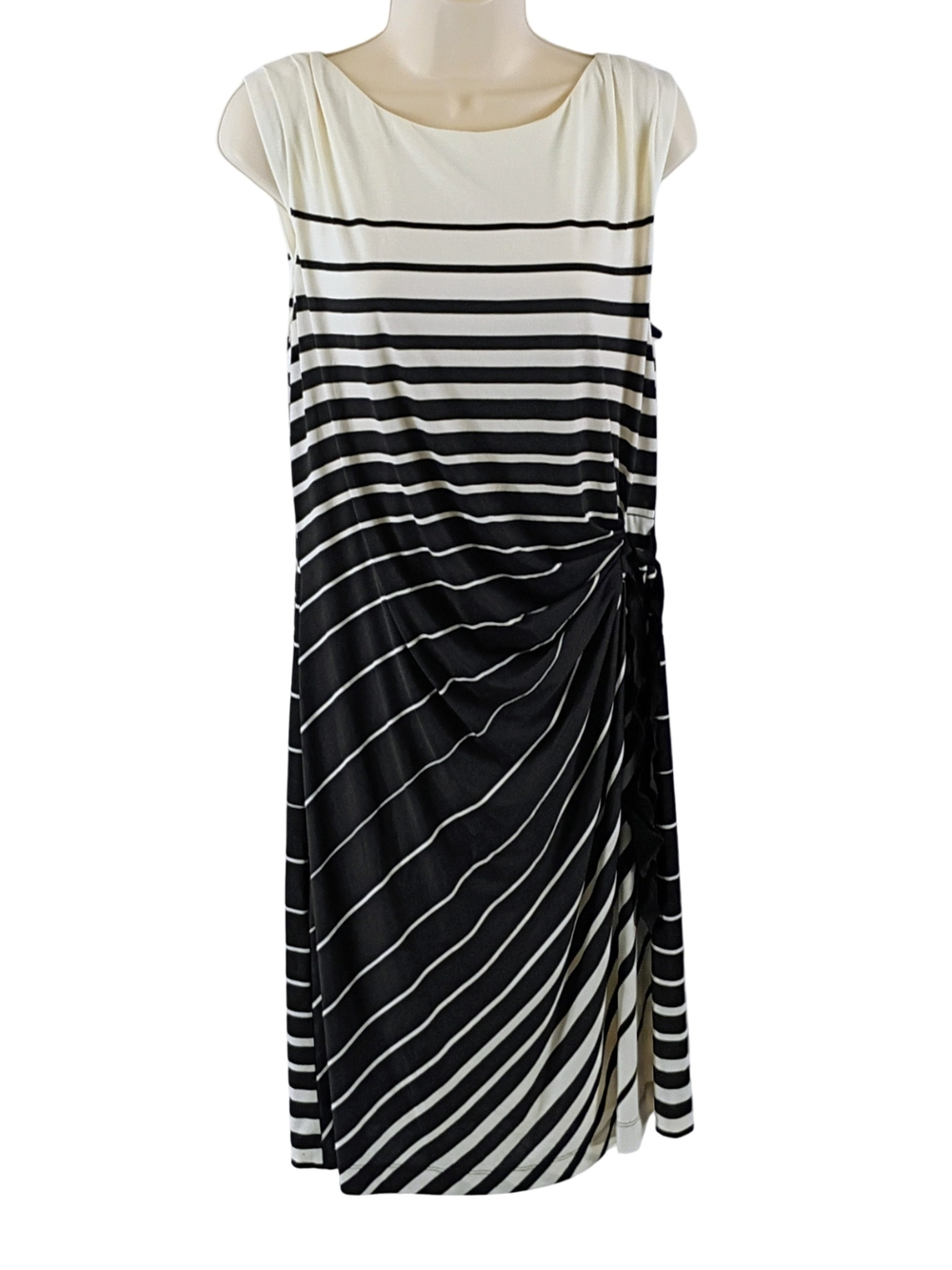Sleeveless Black & Cream Striped Midi Dress with Side Knot